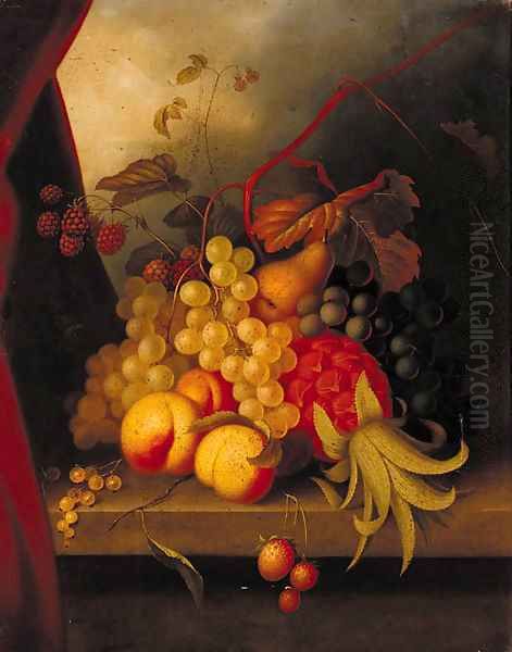 A pineapple, raspberries, grapes, peaches and other fruit on a ledge - view 1