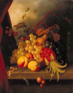 A pineapple, raspberries, grapes, peaches and other fruit on a ledge