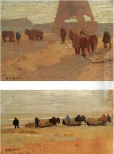 Figures And Horses On The Beach Of Katwijk; Returning Home (a Pair) by Willy Sluyters