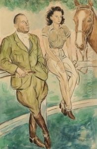 Rider Andhorsewoman, Pausing At A Gate, A Horse At The Right
