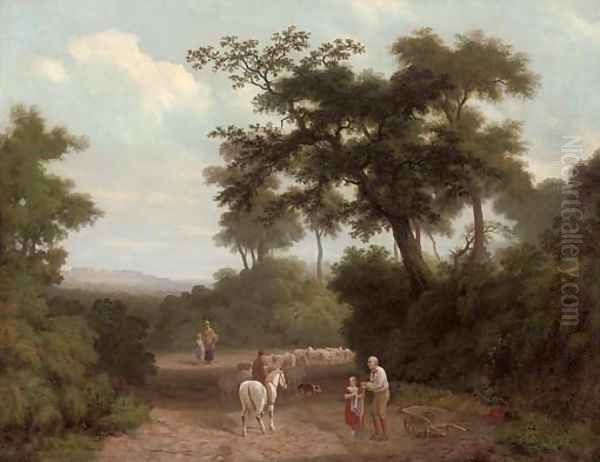 A wooded landscape with figures and a herdsman with a flock of sheep in a clearing, a castle beyond - view 1