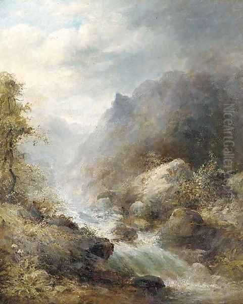 An artist sketching by a fast-flowing river - view 1