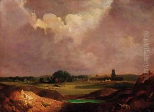 An extensive landscape with a village beyond by English School