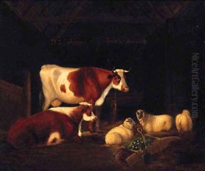 Cattle And Sheep Resting In A Barn by English School