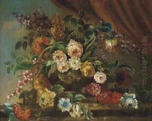 Chrysanthemums, peonies, lilac, a poppy and other assorted flowers in an urn on a ledge; and Another similar by English School