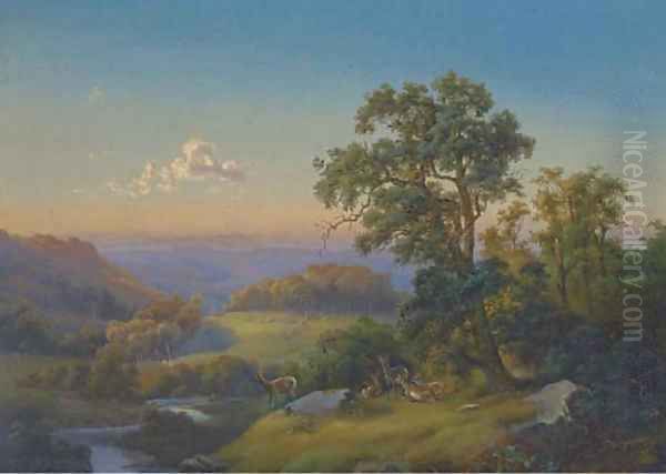 Deer in a wooded valley at dusk - view 1