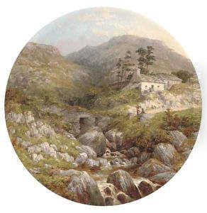 Figures and cottages beside a rocky upland stream by English School
