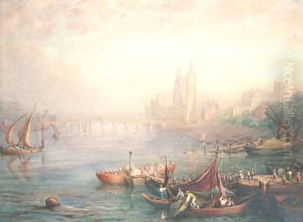 Figures on barges in a capriccio of London, with a view of the Houses of Parliament, St Margarets Westminster and Westminster Abbey - view 1
