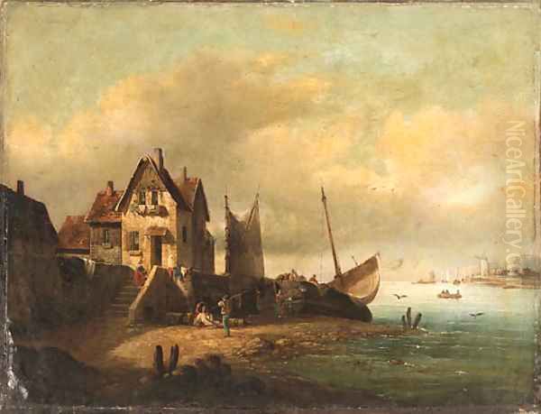 Fishermen resting by a Quay, Cliffs beyond - view 1