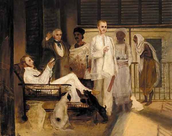 Gentlemen on a verandah with Indian servants - view 1