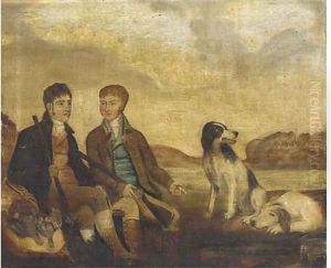 Huntsmen with their dogs resting by a river