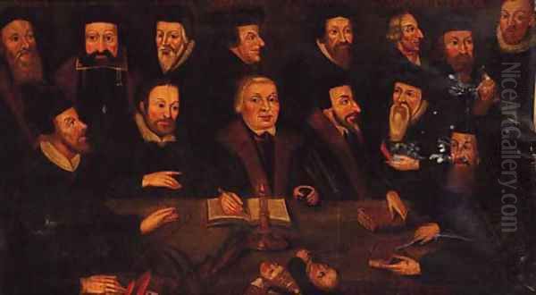 Martin Luther surrounded by Calvin, Wycliffe, Cranmer, Ridley, and other Protestant leaders, gathered round a table - view 1