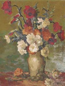 Mixed flowers in a vase by English School