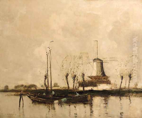 Moored barges in a waterway near a windmill - view 1