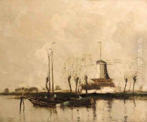 Moored barges in a waterway near a windmill by English School