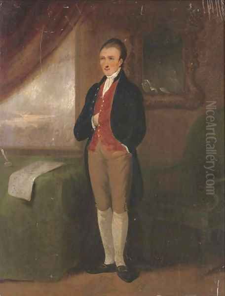 Portrait of gentleman, full-length, in breeches with a blue coat beside a green chair - view 1