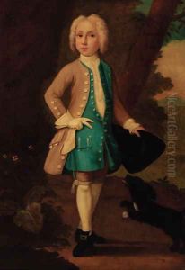 Portrait of a boy, full-length, in a blue waistcoat and brown coat by English School