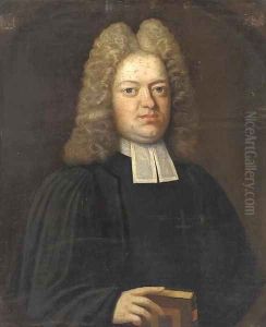 Portrait of a cleric, bust-length, in black robes, resting his right hand on a bible