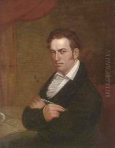 Portrait of a composer, half-length, in a black coat, writing music