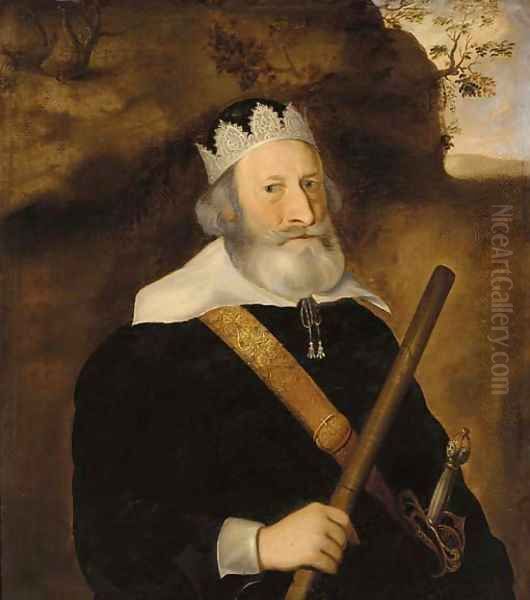 Portrait of a gentleman, half-length, in a black coat, a baton in his right hand, in a landscape - view 1
