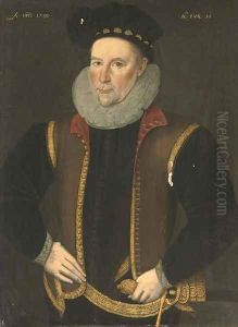 Portrait of a gentleman, half-length, in a brown waistcoat with gold trim by English School