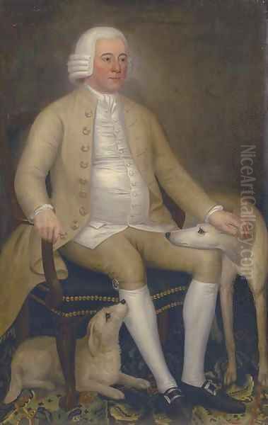Portrait of a gentleman, seated full-length, in a green coat and white waistcoat, two dogs at his feet - view 1