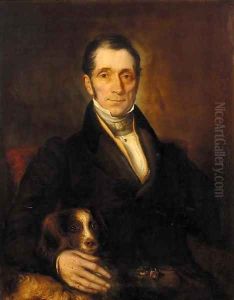 Portrait of a gentleman, seated half-length, in a brown jacket and cream cravat, his spaniel at his side by English School