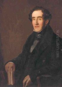 Portrait of a gentleman, seated three-quarter-length, in a black coat, holding a book in his right hand