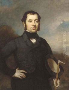 Portrait of a gentleman, three-quarter-length, in a black suit, a top hat under his arm by English School