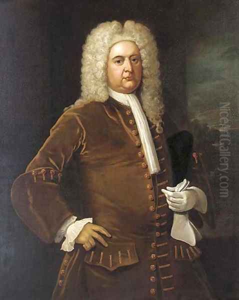 Portrait of a gentleman, three-quarter-length, in a brown coat, and white stock and gloves - view 1
