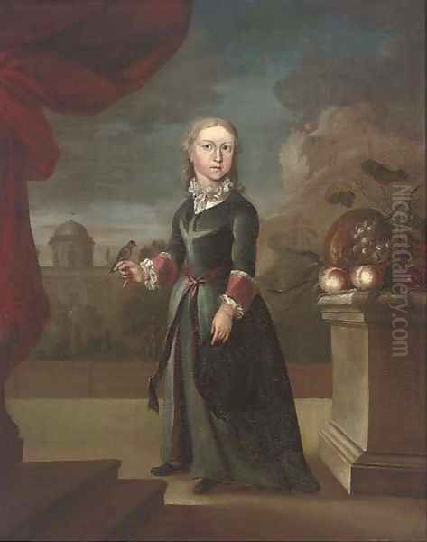 Portrait of a girl, full-length, in a blue dress, a bird resting on her right hand, in a classical garden - view 1