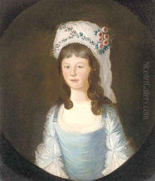 Portrait of a girl, half-length, in a blue dress with white headdress decorated with flowers - view 1