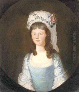 Portrait of a girl, half-length, in a blue dress with white headdress decorated with flowers by English School