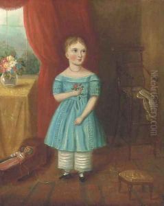 Portrait of a girl, small full-length, in a blue dress, holding a flower, in an interior by English School