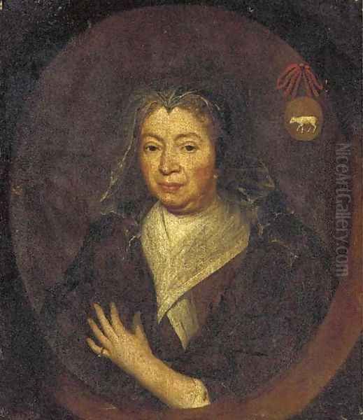 Portrait of a lady, bust-length, in a brown coat and white collar, feigned oval - view 1