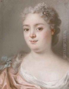 Portrait of a lady, bust-length, in a pink dress with a blue bow