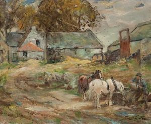 Working Horses Watering At Farmyardtrough by George Smith