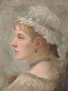 Portrait of a lady, bust-length, in a white bonnet with a blue ribbon by English School