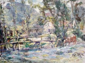 Cattle Watering By A Bridge by George Smith