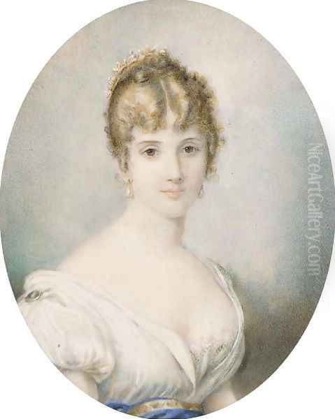 Portrait of a lady, bust-length, in a white dress with a blue sash, a comb in her upswept hair - view 1
