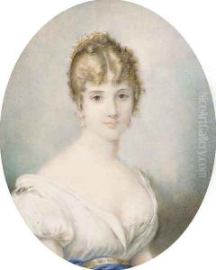 Portrait of a lady, bust-length, in a white dress with a blue sash, a comb in her upswept hair