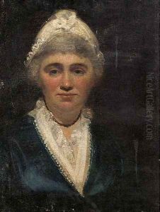 Portrait of a lady, bust-length, wearing a blue dress and lace bonnet