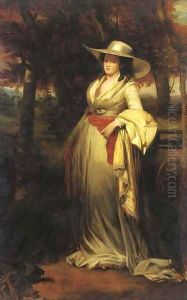 Portrait of a lady, full-length, in a white dress and paisley shawl, in a landscape by English School