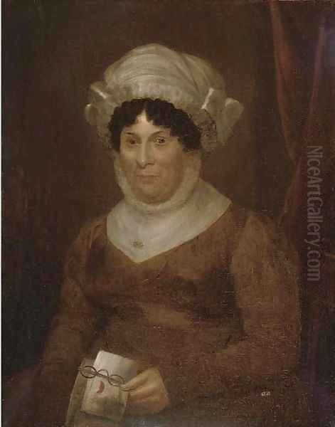 Portrait of a lady, half-length, in a brown dress with glasses and a letter in her hand - view 1