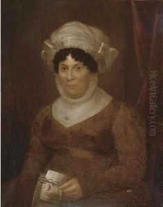 Portrait of a lady, half-length, in a brown dress with glasses and a letter in her hand