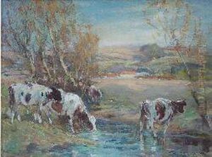 Cattle Watering In A Stream by George Smith