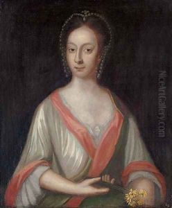 Portrait of a lady, half-length, in a white dress with red and green trim by English School
