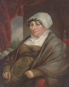 Portrait of a lady, seated half-length, in a green dress with white lace cap, a wood beyond by English School