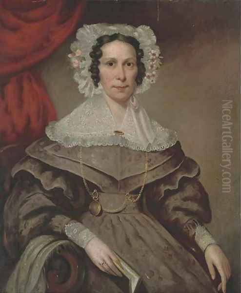 Portrait of a lady, seated three-quarter-length, in a lace trimmed purple dress, holding a book - view 1