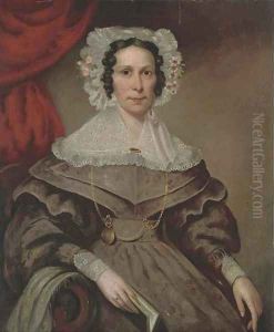 Portrait of a lady, seated three-quarter-length, in a lace trimmed purple dress, holding a book